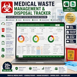 Medical Waste Management Spreadsheet, Sharps Container Tracker, Biohazard Waste Log, Disposal Records, Pickup Schedule, Compliance Tracker