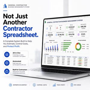 Puede incluir: Un ordenador portátil que muestra el panel del General Contractor Business Management System con métricas financieras, gráficos de estado de trabajos y tablas de datos. La pantalla presenta cifras de ingresos, costes y beneficios.