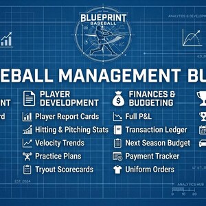 May include: A blue graphic in a blueprint style, advertising "The Ultimate Baseball Management Bundle." It features sections on Gameday Management, Player Development, Finances & Budgeting, and Travel Logistics, with icons and text.