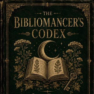 May include: A dark green hardback book titled The Bibliomancer's Codex with gold foil lettering and ornate borders. The cover features an open book illustration, a crescent moon, botanical sprigs, and a skeleton key, with text below.