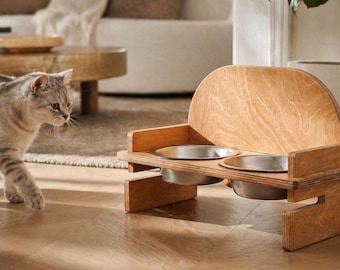 Elevated Pet Bowl Stand, Customizable Raised Dual Pet Feeder, Two-tier Personalizable Product, Birch Plywood