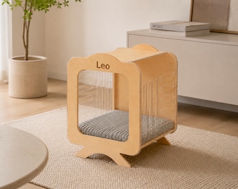 Personalized Baltic Birch Pet House, Modern Cat and Dog Bed, Acrylic Sides