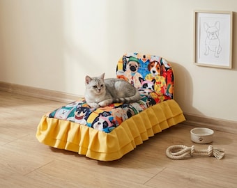 Pet Sofa Bed for Cats and Small Dogs, Handmade Washable Pet Couch, Custom Size Indoor Pet Lounger