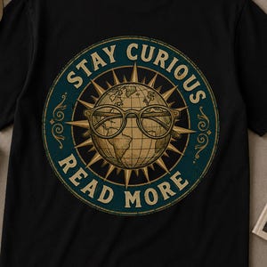 Può includere: T-shirt nera con un design circolare. Il design presenta le parole "Stay Curious Read More" attorno a un mappamondo con occhiali, all'interno di una rosa dei venti turchese e dorata. La maglietta è realizzata in tessuto morbido.