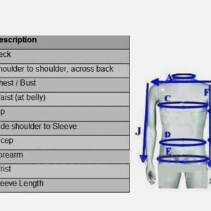Pode incluir: Um diagrama de uma figura humana com pontos de medi&ccedil;&atilde;o para tamanhos de roupa. As medidas incluem pesco&ccedil;o, peito, cintura, ancas e comprimento da manga. O texto "Figura 1" est&aacute; presente. Medidas em cent&iacute;metros.