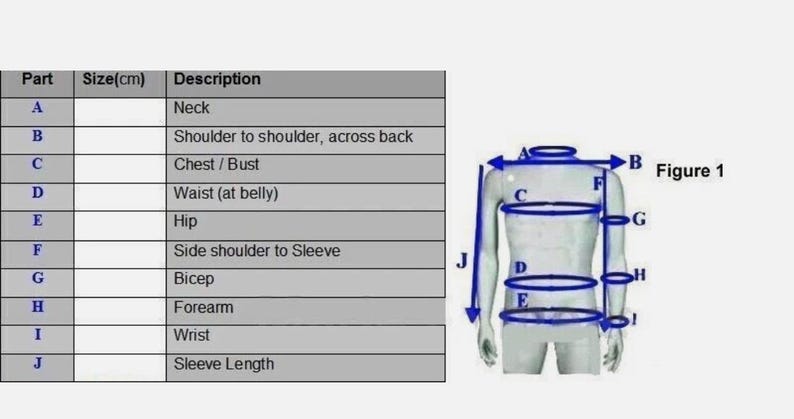 Pode incluir: Um diagrama de uma figura humana com pontos de medi&ccedil;&atilde;o para tamanhos de roupa. As medidas incluem pesco&ccedil;o, peito, cintura, ancas e comprimento da manga. O texto "Figura 1" est&aacute; presente. Medidas em cent&iacute;metros.