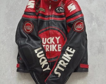 Lucky Strike Motorbike Jacket Men Racing Motorcycle Leather Jacket Black/Red