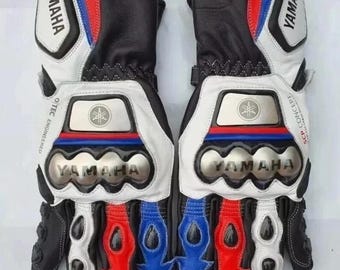 Yamaha Racing Motorcycle Leather Gloves | Protective Biker Riding Gloves