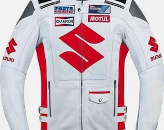 New Suzuki Motorcycle Jacket Men Racing Motorbike Leather Jacket White
