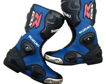 Botas de couro azuis para motociclista Suzuki GSXR, todos os tamanhos.