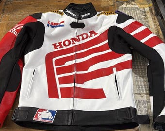 Honda Motorbike Racing Jacket Men’s Motorcycle Leather Jacket White / Red