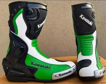 Mens Kawasaki Leather Long CE Motorbike Motorcycle Racing Sports Shoes Boots