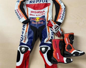 Honda Repsol Mens Motorcycle Racing Leather Suit with Motorbike Gloves and Boots