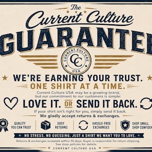 May include: A rectangular graphic sign with a cream background and dark blue and gold text. It reads The Current Culture GUARANTEE, WE'RE EARNING YOUR TRUST. ONE SHIRT AT A TIME. LOVE IT. OR SEND IT BACK. It includes icons for quality, returns, and exchanges.