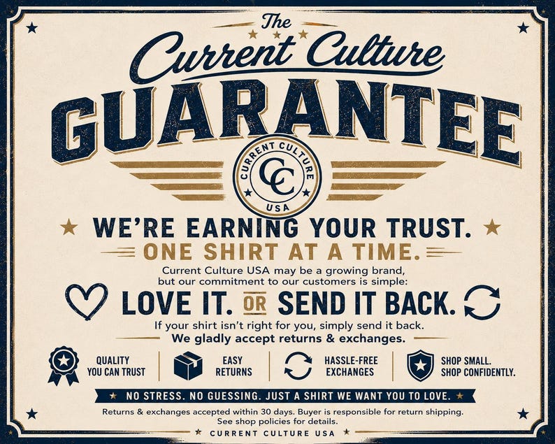May include: A rectangular graphic sign with a cream background and dark blue and gold text. It reads The Current Culture GUARANTEE, WE'RE EARNING YOUR TRUST. ONE SHIRT AT A TIME. LOVE IT. OR SEND IT BACK. It includes icons for quality, returns, and exchanges.