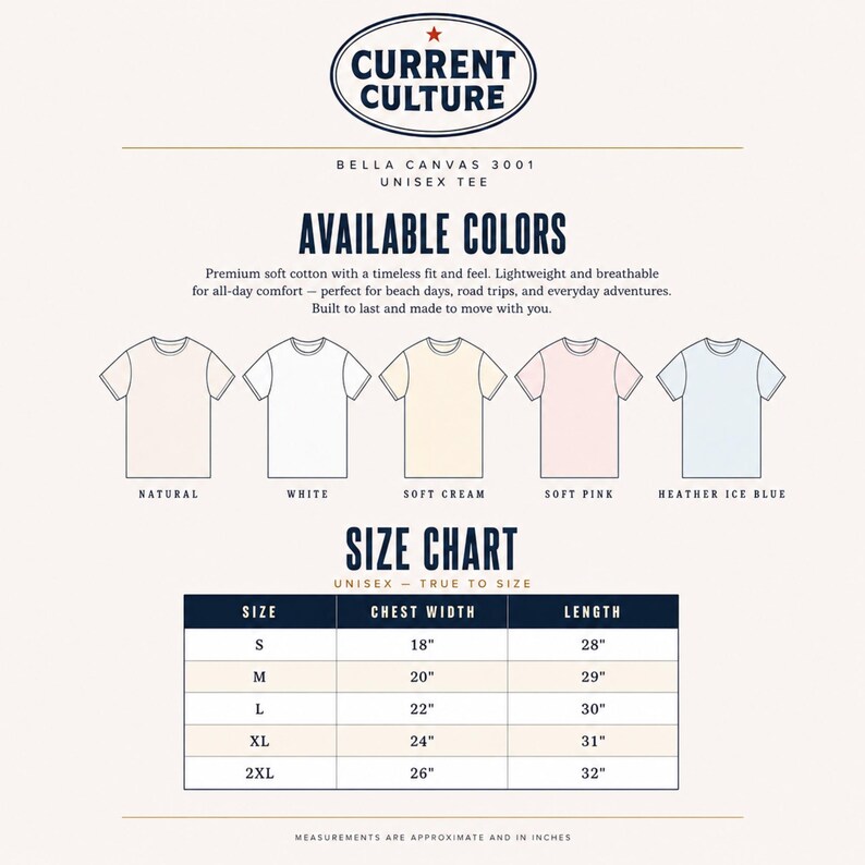 May include: A Bella Canvas 3001 unisex t-shirt color and size chart. The graphic displays five shirt colors: natural, white, soft cream, soft pink, and heather ice blue. A size chart lists chest width and length in inches for sizes S to 2XL.