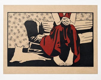 Dame mit Katze – Original Kunst von Kristine Virsis – Signiert – 14x11 – Moderner figurativer Druck
