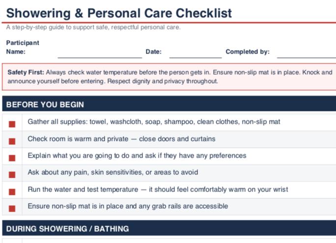 Showering Personal Care Checklist | NDIS Aged Care Support Worker ...