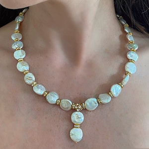 VIENNE | Necklace - baroque Pearl and Swarovski Crystal  -  Elegant Coin Pearl, statement bride, bridal jewellery, gold or silver