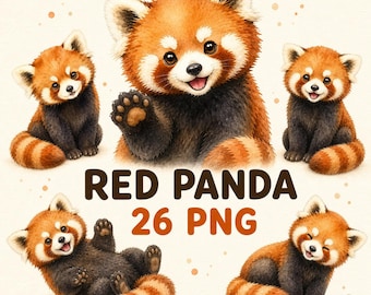 Watercolor Red Panda Clipart Bundle, Kawaii Woodland Animals PNG (26 Files)