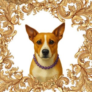 Puede incluir: Un retrato de un perro marrón y blanco con orejas puntiagudas, que lleva un collar de cuentas moradas, centrado dentro de un marco dorado ornamentado y complejo con volutas detalladas y patrones de hojas que rodean al animal.