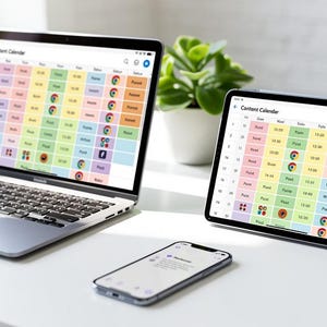 Könnte beinhalten: Ein silberner Laptop, ein Tablet mit Ständer und ein Smartphone auf einer weißen Oberfläche. Jedes Gerät zeigt eine digitale Inhaltskalender-Oberfläche mit einem Raster aus farbigen Zellen, Text und Symbolen zur Anzeige von Zeitplänen.