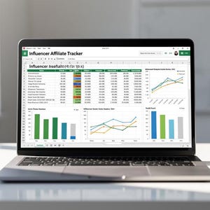 Pode incluir: Uma tela de laptop exibindo uma planilha Influencer Affiliate Tracker com dados numéricos, um gráfico de linhas e dois gráficos de barras. A interface inclui colunas, uma caneca branca e uma caneta sobre um caderno próximo.