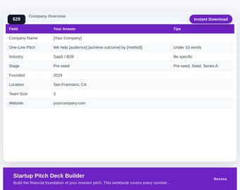 Startup Pitch Deck Builder Excel Template | Investor Pitch Financial Model | Financial Projections | Fundraising Workbook | Digital Download