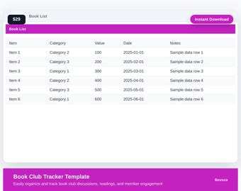 Book Club Tracker Template Excel Template | bookclub | Solopreneur Spreadsheet | Digital Download