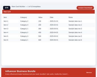 Influencer-Business-Bundle | 13 Vorlagen | Preisliste, Media-Kit, Marken-Deal- und Sponsoring-Tracker | Digitaler Download