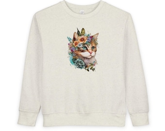 Blommig kattporträtt småbarnströja | Akvarell kattunge, blomsterkrona