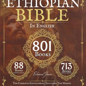 May include: A brown book cover with gold lettering, advertising the "Original Version Ethiopian Bible" in English. The cover includes the text "801 Books", "88 Books Printed Version", and "713 Books Digital Version", with decorative flourishes.