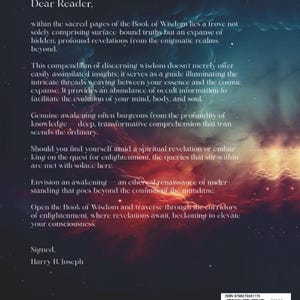 Puede incluir: Una portada de libro con un fondo c&oacute;smico y texto. El texto comienza con "Estimado lector", seguido de un pasaje sobre la sabidur&iacute;a y la iluminaci&oacute;n. La firma del autor, Harry B. Joseph, est&aacute; en la parte inferior.