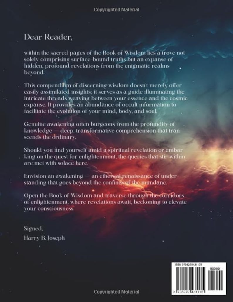 Puede incluir: Una portada de libro con un fondo c&oacute;smico y texto. El texto comienza con "Estimado lector", seguido de un pasaje sobre la sabidur&iacute;a y la iluminaci&oacute;n. La firma del autor, Harry B. Joseph, est&aacute; en la parte inferior.