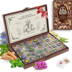 Skrzynia z nasionami ziół heirloom, 40 odmian herbacianych, zestaw apteczny bez GMO