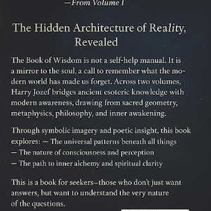 May include: A book cover with the title "The Hidden Architecture of Reality, Revealed." The text includes quotes and descriptions of the book's themes: ancient knowledge, metaphysics, and inner awakening. The ISBN is visible.
