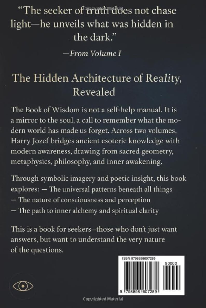 May include: A book cover with the title "The Hidden Architecture of Reality, Revealed." The text includes quotes and descriptions of the book's themes: ancient knowledge, metaphysics, and inner awakening. The ISBN is visible.
