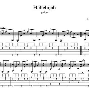 May include: Guitar sheet music for Leonard Cohen's "Hallelujah." The score includes standard musical notation and tablature, with the instruction "Capo on 5." The tempo is indicated as "Andante."