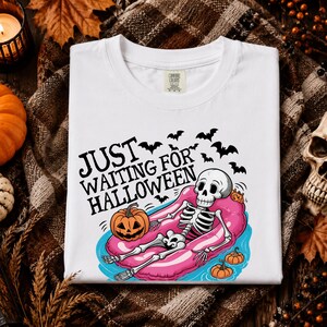 Comfort Colors Just Waiting for Halloween Skeleton T-Shirt, Funny Spooky Season Tee, Relaxed Pumpkin Vibe, Halloween Lover Gift Top