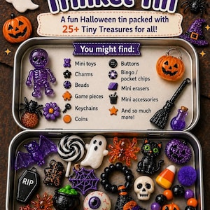 May include: A Halloween Trinket Tin filled with miniature Halloween-themed toys and accessories. The tin includes mini toys, charms, beads, game pieces, keychains, and coins. The tin is packed with over 25 tiny treasures for fun and on-the-go adventures.