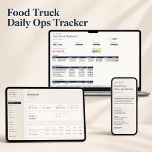 May include: A digital food truck daily operations tracker displayed on a laptop, tablet, and smartphone. The screen shows financial data, including revenue and expenses. The title "Food Truck Daily Ops Tracker" is at the top of the display.
