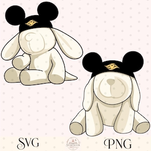 May include: Two illustrations of a cream-colored stuffed animal dog wearing a black hat with Mickey Mouse ears and a gold emblem. The dog is sitting down. The background is a light pink with white polka dots. The words "SVG" and "PNG" are at the bottom.