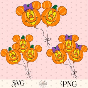 Puede incluir: Un gráfico digital que presenta tres grupos de globos naranjas con forma de calabaza y orejas de ratón. Algunas calabazas tienen caras amarillas y lazos morados. Los globos están atados con cuerdas negras. El texto SVG y PNG aparece en la parte inferior.