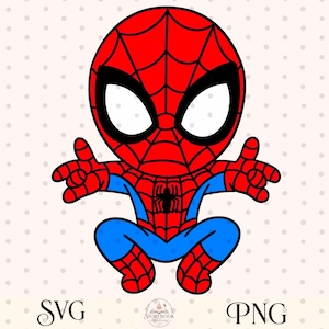 Puede incluir: Ilustración de dibujos animados de Spider-Man en posición agachada con los brazos extendidos. El personaje es principalmente rojo y azul, con un emblema de araña negra en el pecho. La imagen incluye el texto "SVG" y "PNG".