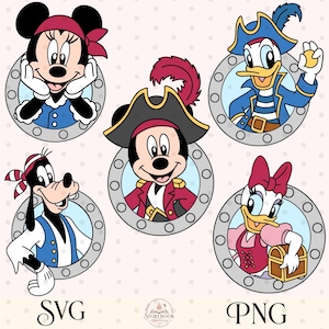 May include: A collection of cartoon pirate characters, including Mickey Mouse, Minnie Mouse, Donald Duck, Daisy Duck, and Goofy, each framed in a circular porthole design. The image includes the text "SVG" and "PNG".