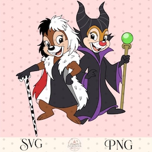 May include: A digital illustration of two cartoon chipmunks dressed as villains. One wears a black and white fur-trimmed coat with a spotted cane. The other wears a black and purple robe with horns and holds a staff with a green orb. Text reads SVG and PNG.