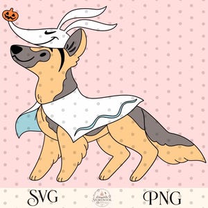 May include: A digital illustration of a tan and grey dog wearing a white ghost costume with a small orange pumpkin on its head. The dog has a black nose and ears. Below the dog, the text reads SVG and PNG with a small circular logo in the center.