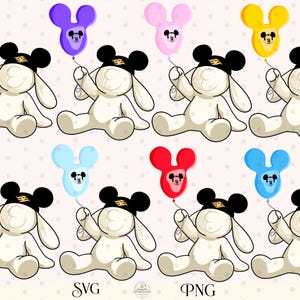 May include: A digital illustration featuring eight white stuffed animals with long ears, each wearing a black cap with a gold emblem. Each animal holds a different colored balloon shaped like a mouse head, featuring a small character face inside.