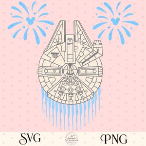 May include: A digital graphic featuring a beige line-art illustration of a spaceship centered on a light pink background with white polka dots. Two light blue firework bursts with mouse-ear silhouettes flank the ship, with blue drips below.