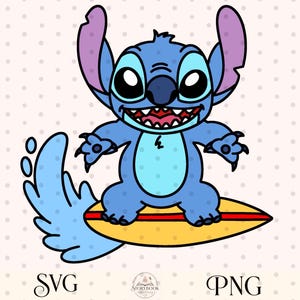 May include: A cartoon illustration of a blue alien character surfing on a yellow surfboard with a red stripe. The character has large black eyes, large ears, and a wide grin. The image includes the text "SVG" and "PNG".
